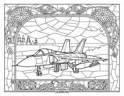 Coloriage de jet de combat pour adultes : Un avion stationné repose parmi des vitraux fleuris avec une vue apaisante sur les montagnes