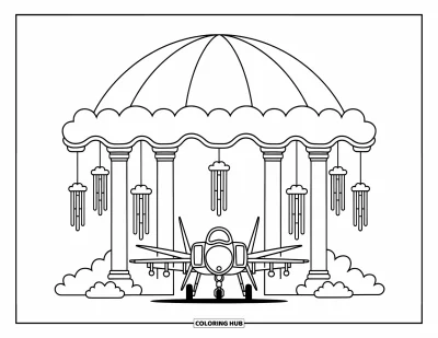 Coloriage de jet de combat pour adultes : Un avion paisible repose sous un dôme de nuages festonnés avec des carillons éoliens