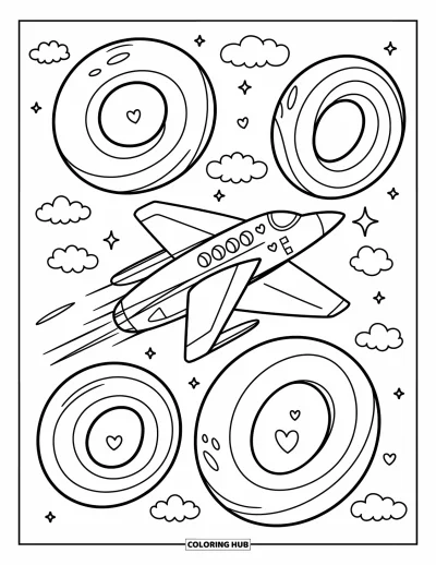 Coloriage de jet de combat pour adultes : Un avion arrondi traverse des anneaux de nuages flottants dans un parcours céleste