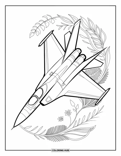 Coloriage de jet de combat pour adultes : Un avion vu de côté est entouré de feuilles tourbillonnantes et d'élégants détails floraux