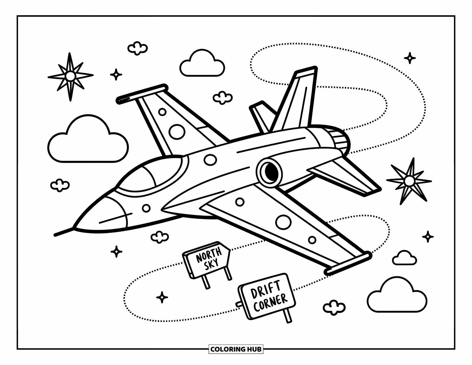 Fighter Jet Coloring Page for Adults: A sleek jet flies through compass roses and clouds with signs like ìNorth Sky.î