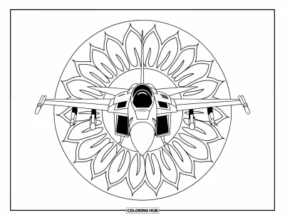 Coloriage de jet de combat pour adultes : Un avion élégant fonce à travers un mandala de pétales rayonnants aux contours nets