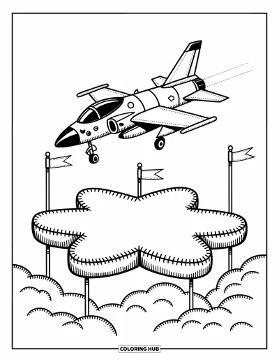 Coloriage de jet de combat pour adultes : Un petit avion atterrit en douceur sur un pad en forme d'étoile posé sur des nuages duveteux