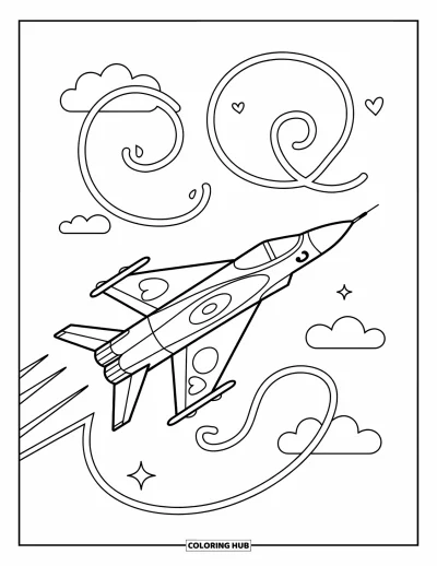 Coloriage de jet de combat pour adultes : Un avion souriant trace des boucles et des cœurs dans un ciel serein