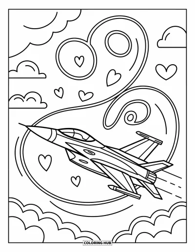 Coloriage de jet de combat pour adultes : Un avion tournoyant danse parmi des nuages bouffants en formant des volutes et des zigzags espièges