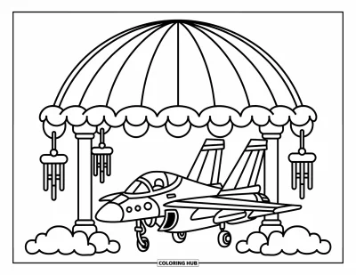 Coloriage de jet de combat pour adultes : Un petit avion repose paisiblement sous un dôme douillet de nuages festonnés empilés