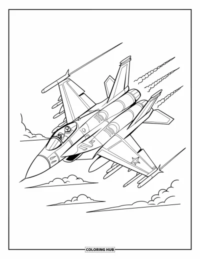 Coloriage de jet de combat pour enfants : Un avion en tonneau tourne rapidement dans le ciel ouvert