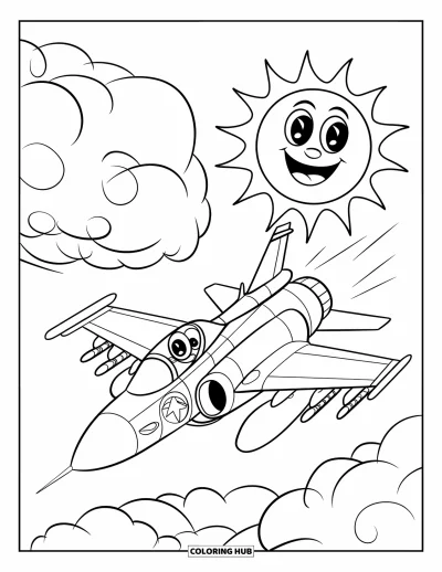 Coloriage de jet de combat pour enfants : Un adorable avion aux yeux ronds traverse des nuages sous un ciel ensoleillé