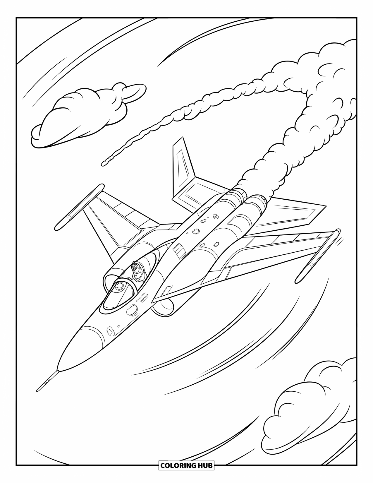 Fighter Jet Coloring Page for Kids: A dynamic jet rolls midair with smoke trails and playful clouds