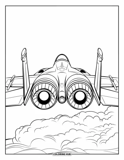 Coloriage de jet de combat pour enfants : Un avion de chasse s'éloigne au-dessus d'un nuage solitaire dans un ciel dégagé