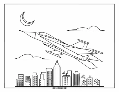 Coloriage de jet de combat pour enfants : Un avion de chasse survole de grands immeubles sous un croissant de lune