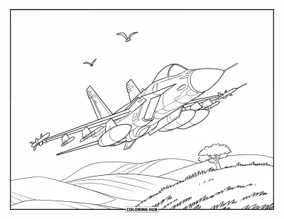 Coloriage de jet de combat pour enfants : Un avion de chasse glisse au-dessus d'une colline et d'un petit arbre sous un ciel ouvert