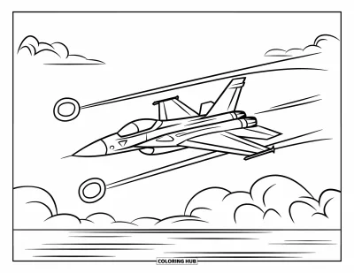 Coloriage de jet de combat pour enfants : Un avion de chasse décrit des boucles dans le ciel au-dessus de la mer calme et des nuages