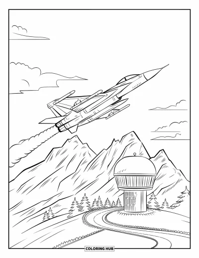 Coloriage de jet de combat pour enfants : Un avion de chasse fonce au-dessus de montagnes escarpées et d'un petit poste radar