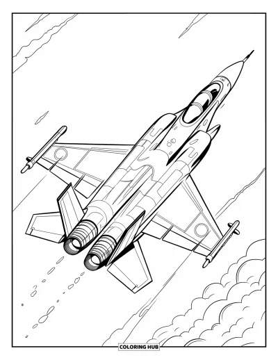 Coloriage de jet de combat pour enfants : Un avion de chasse plane dans le ciel en laissant des traînées derrière lui