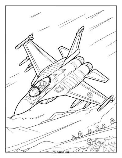 Coloriage de jet de combat pour enfants : Un avion de chasse effectue un tonneau en plein vol avec des traînées de vitesse dans son sillage