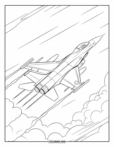 Coloriage de jet de combat pour enfants : Un avion de chasse décolle avec des traînées de fumée et des nuages moelleux au-dessus