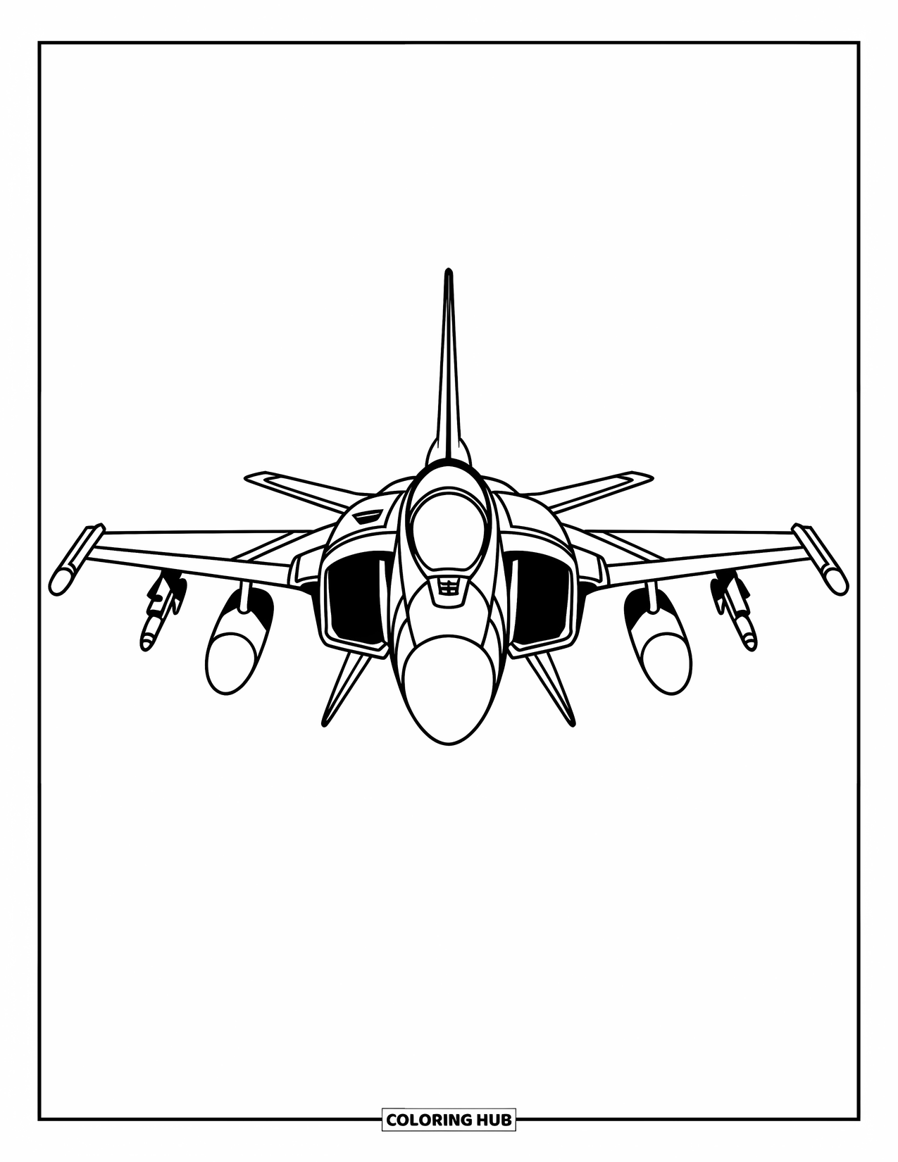 Fighter Jet Coloring Page for Kids: A front-facing jet with bold wings and big shapes is ready for fun