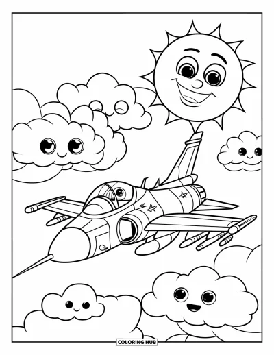 Coloriage de jet de combat pour enfants : Un joyeux avion file à travers les nuages avec un grand soleil souriant qui brille au-dessus