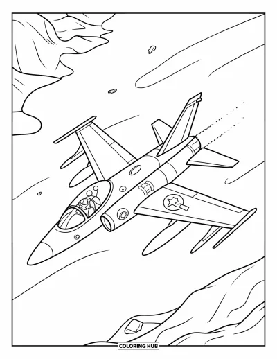 Coloriage de jet de combat pour enfants : Un avion survole un désert vu de haut avec des collines tout autour