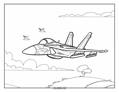 Coloriage de jet de combat pour enfants : Un avion vole bas au-dessus d'une colline et d'un petit arbre avec des oiseaux à proximité