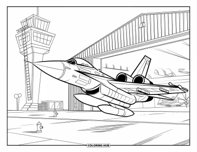 Coloriage de jet de combat pour enfants : Un avion vole bas près d'un hangar ouvert avec des appareils et une tour en vue