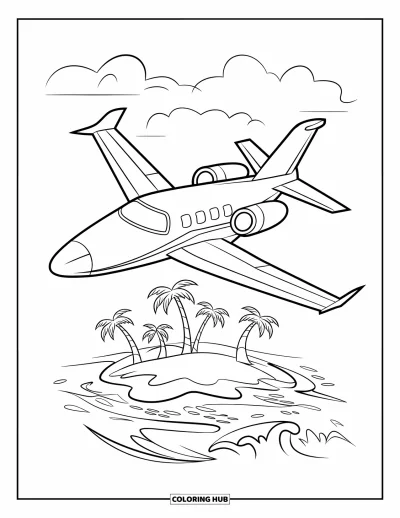 Coloriage de jet de combat pour enfants : Un avion passe au-dessus d'une île tropicale avec des vagues et des palmiers