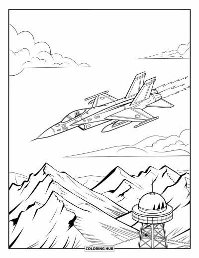 Coloriage de jet de combat pour enfants : Un avion passe devant des sommets déchiquetés et une tour radar en forme de dôme