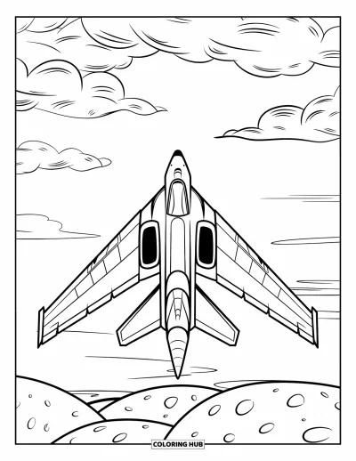 Coloriage de jet de combat pour enfants : Un avion glisse au-dessus de formes rondes du désert et de doux motifs nuageux