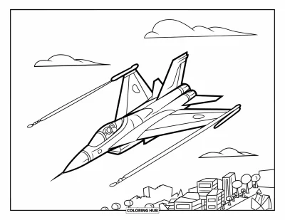 Coloriage de jet de combat pour enfants : Un avion fait des loopings dans le ciel en laissant des traînées sinueuses au-dessus de bâtiments et d'arbres
