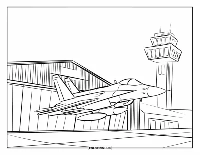 Coloriage de jet de combat pour enfants : Un avion vole près d'un hangar avec une tour de contrôle visible au loin