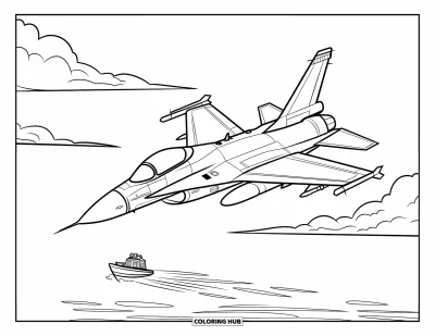 Coloriage de jet de combat pour enfants : Un avion survole la mer avec un petit bateau qui dérive en contrebas