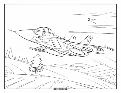 Coloriage de jet de combat pour enfants : Un avion passe au-dessus d'une colline avec des oiseaux dans un paysage paisible et étendu
