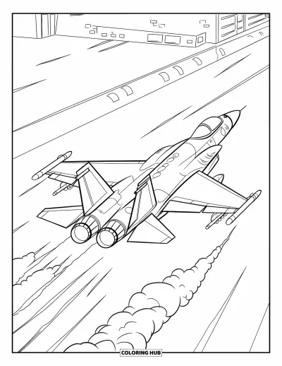 Coloriage de jet de combat pour enfants : Un avion s'envole avec des traînées de fumée au-dessus d'une piste calme et d'un bâtiment lointain