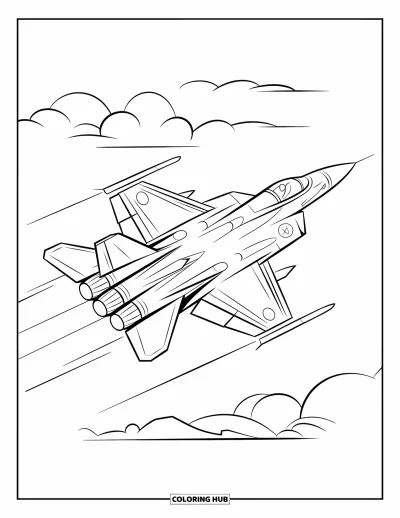 Coloriage de jet de combat pour enfants : Un avion se tord dans les airs avec des lignes de vitesse et de doux nuages en dessous