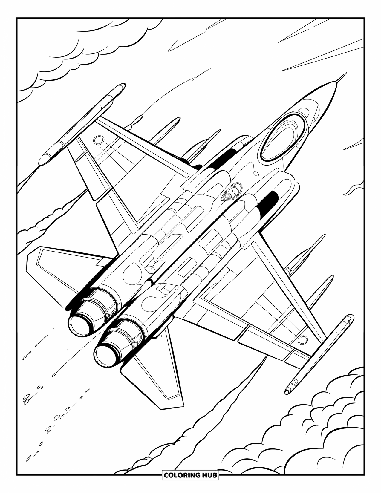 Fighter Jet Coloring Page for Kids: A jet viewed from above cuts through the clouds in full motion