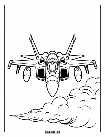 Coloriage de jet de combat pour enfants : Un avion aux grandes ailes vole au-dessus d'un nuage gonflé dans un ciel dégagé