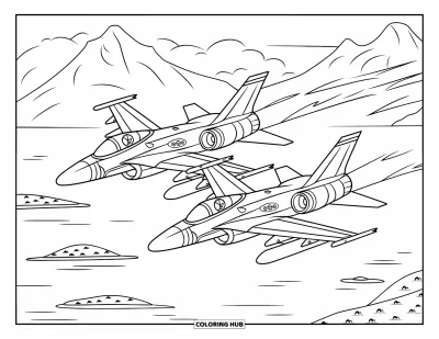 Coloriage de jet de combat pour enfants : Deux avions volent ensemble au-dessus de montagnes et d'îles au bord de la mer