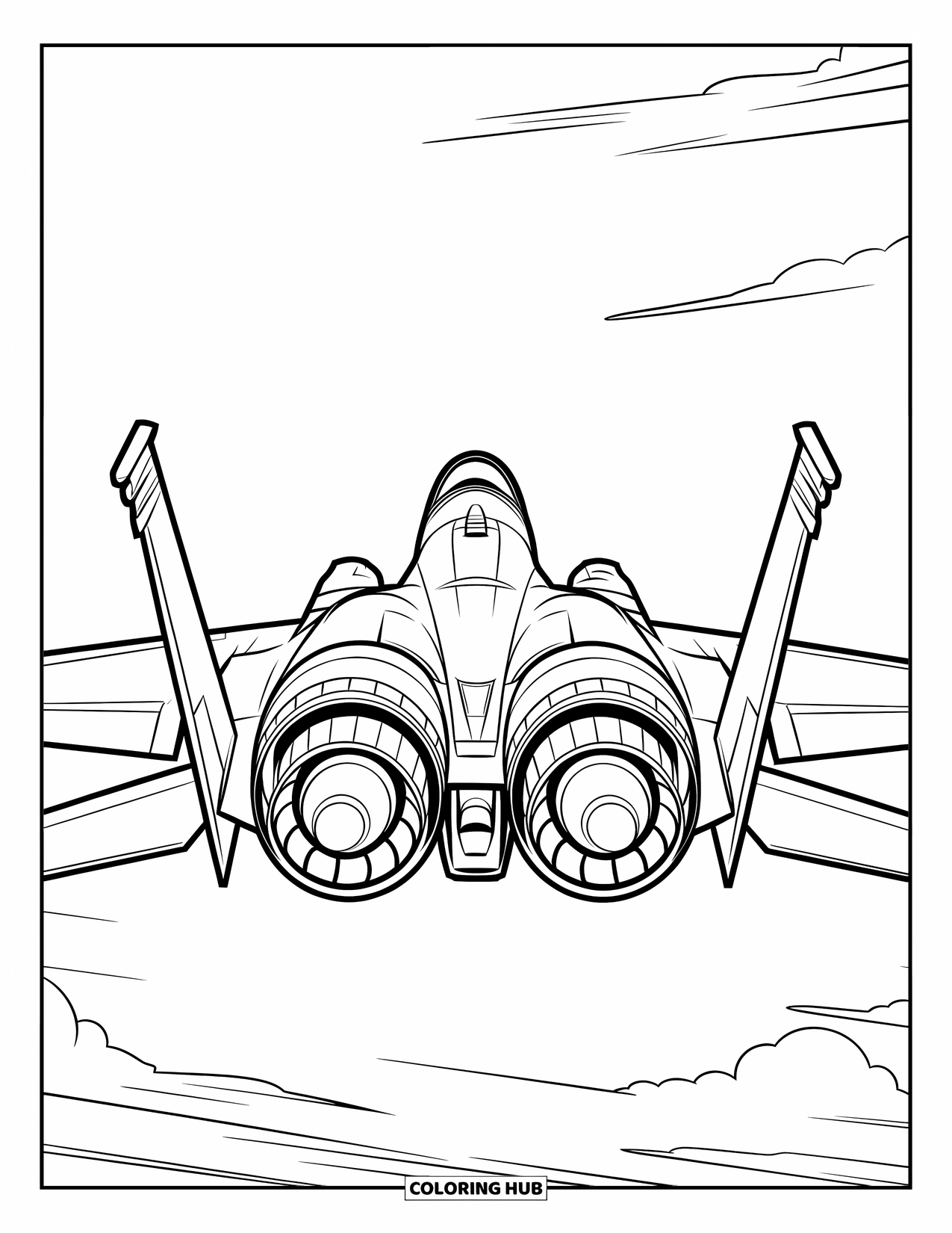 Fighter Jet Coloring Page for Kids: A rear-facing jet hovers midair against a clear sky with clouds