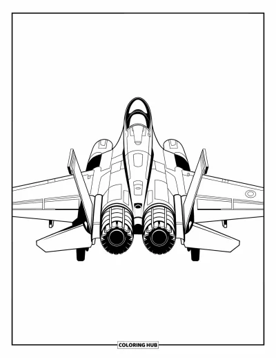 Coloriage de jet de combat pour enfants : Une vue arrière d'un avion de chasse montre ses ailes et ses deux réacteurs