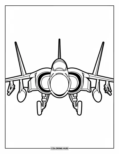 Coloriage de jet de combat pour enfants : Un avion simple aux larges ailes avance dans l'espace ouvert