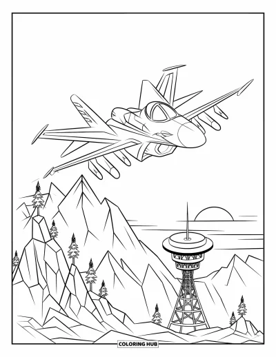 Coloriage de jet de combat pour enfants : Un avion élégant survole des falaises montagneuses et un dôme radar arrondi