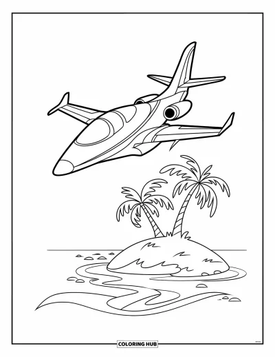 Coloriage de jet de combat pour enfants : Un avion élégant survole une île côtière avec des palmiers et des vagues ondulantes