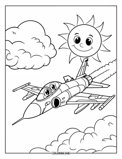 Coloriage de jet de combat pour enfants : Un avion souriant traverse des nuages joyeux sous un soleil radieux