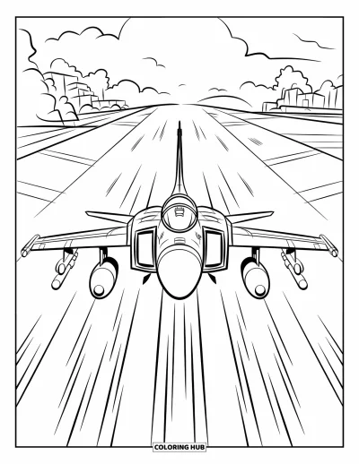 Coloriage de jet de combat pour enfants : Un avion rapide décolle d'une longue piste avec des volutes de fumée