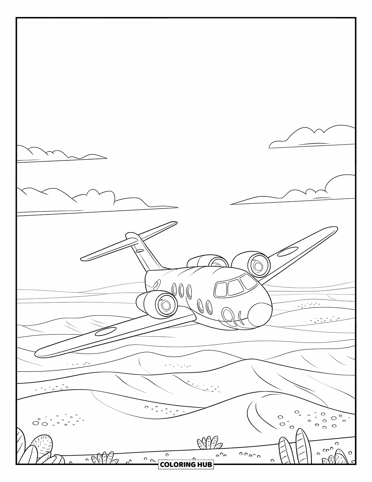 Fighter Jet Coloring Page for Kids: A winged jet flies over dunes and scattered desert plants