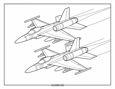 Coloriage de jet de combat pour enfants : Deux avions volent en formation en laissant des traînées parallèles derrière eux