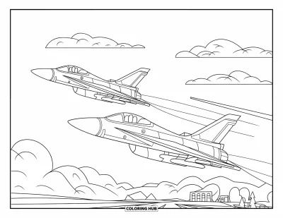 Coloriage de jet de combat pour enfants : Deux avions volent côte à côte au-dessus de quelques arbres et bâtiments