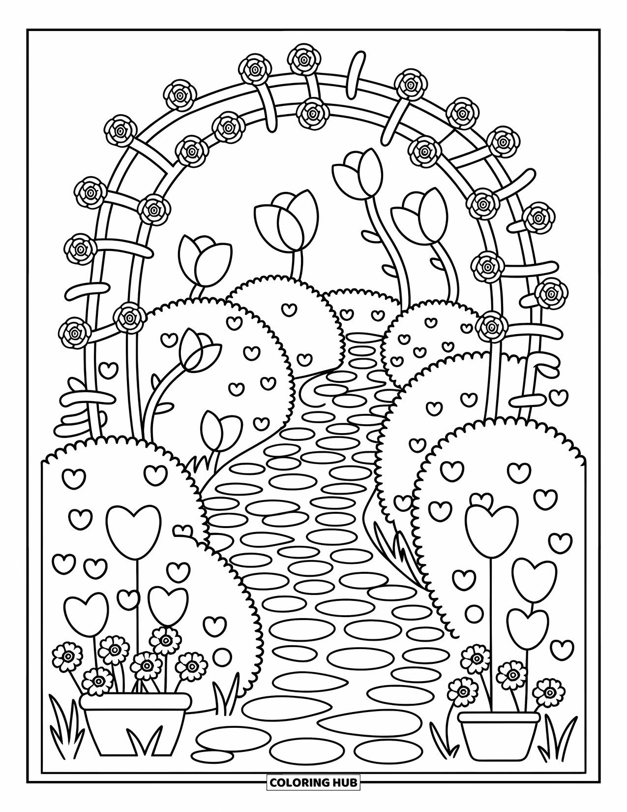 Flower Garden Coloring Page for Adults: Arched trellis with roses, tulips, signs, and butterflies along a cobblestone path
