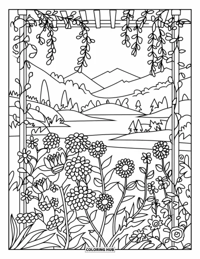 Blumengarten-Ausmalbild für Erwachsene: Blühender Garten eingerahmt von Rankgitter und Ranken neben einem See und Bergen
